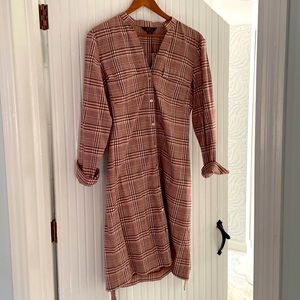 Tailored shirt dress, tight cranberry plaid, hits at knee. Sz 10, breast pocket